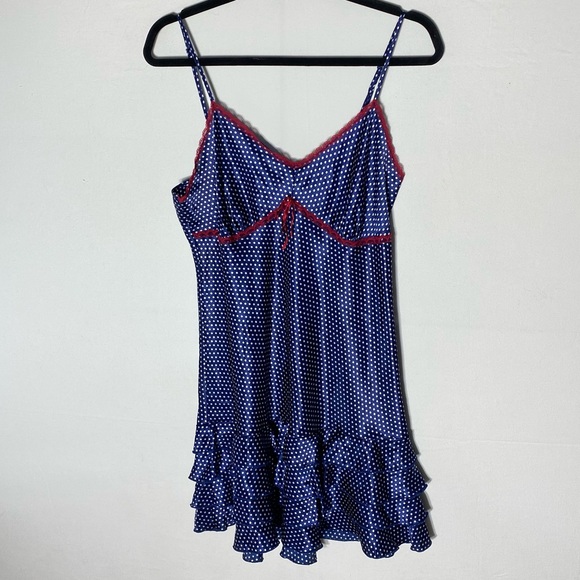 La Vie En Rose Other - La Vie En Rose Blue Polka Dot Nightgown Sleep Dress Slip Dress W Ruffle Hem L